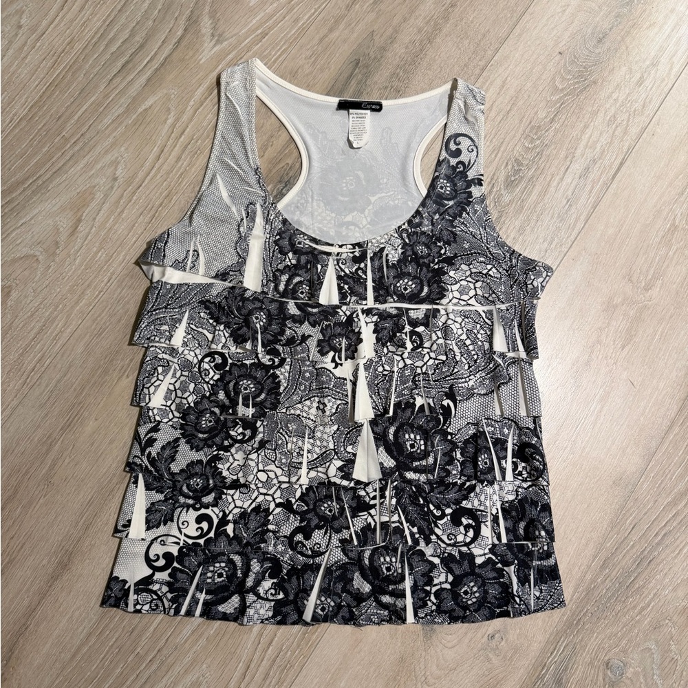 Espresso Monochrome Floral‎ Lace Tank Top with Ruffles